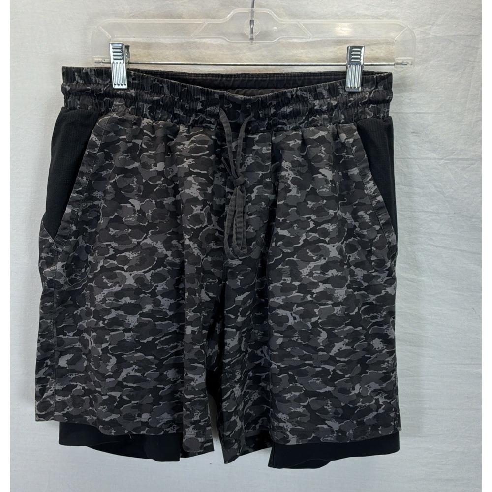 Lululemon T.H.E. Short Mens Sz L Black Grey Camo Lined 7" Training Shorts Gym